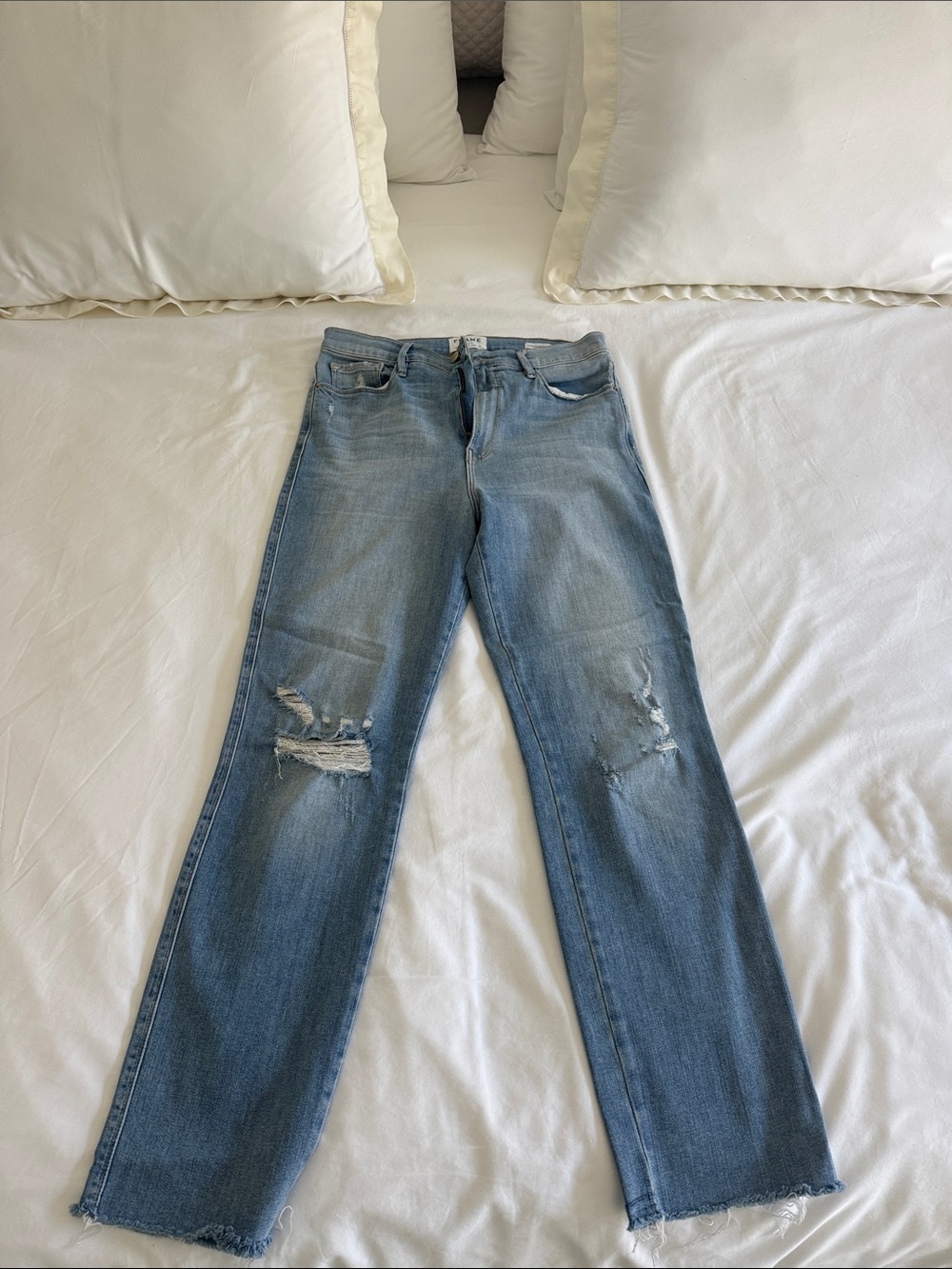 Frame Denim Light Blue Straight Leg Jeans with Knee Distressing